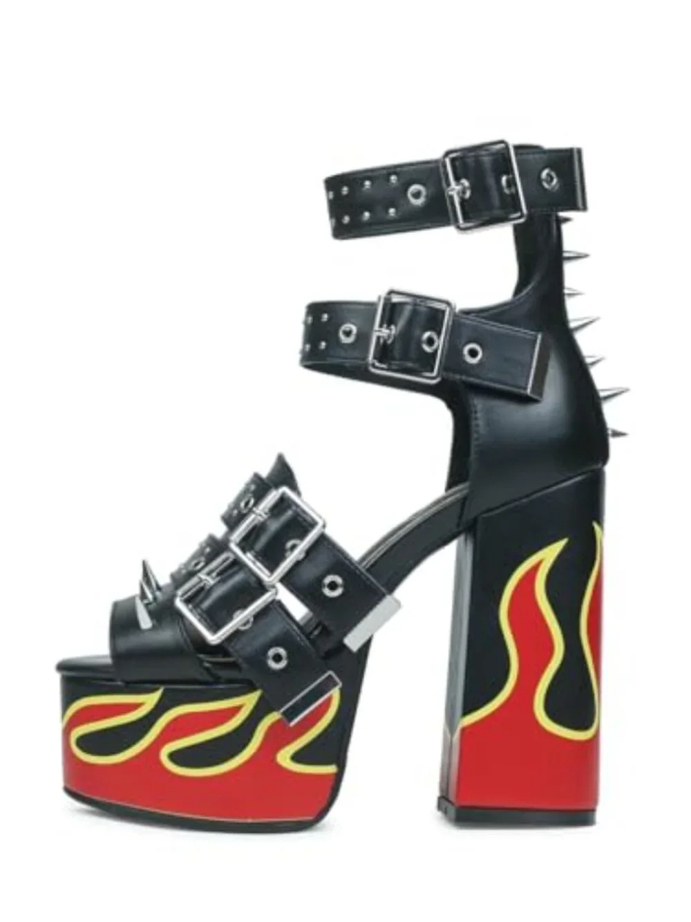 Red Flames Printed Straps Open-toed Rivets Ankle Sandals Platforms
